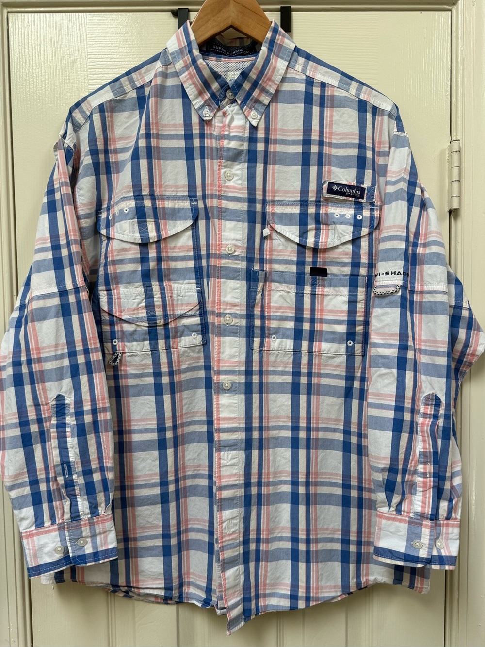 Columbia Mens Blue & Pink Plaid PFG Super Bonehead Fishing Long Sleeve Shirt EUC